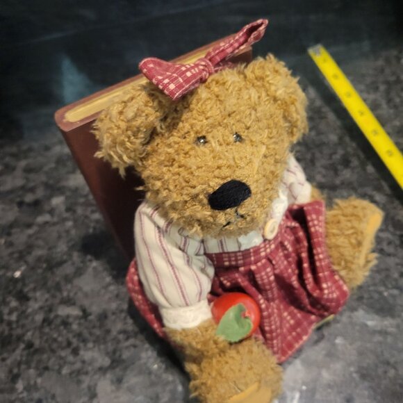Vintage Teddy Bear Bookend - Red Gingham Dress & Bow Holding an Apple - Picture 14 of 16